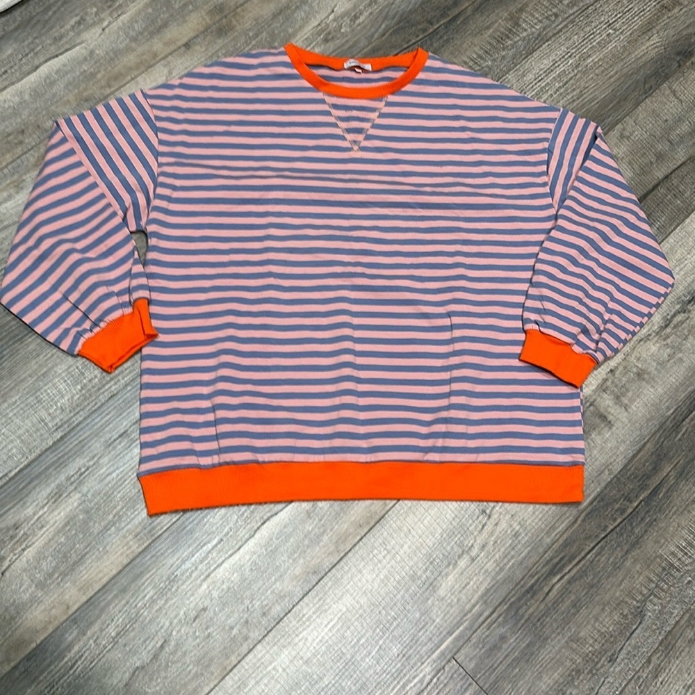 NWOT boutique oversized striped top. Blue, pink and orange. Size xl. Pit 29”